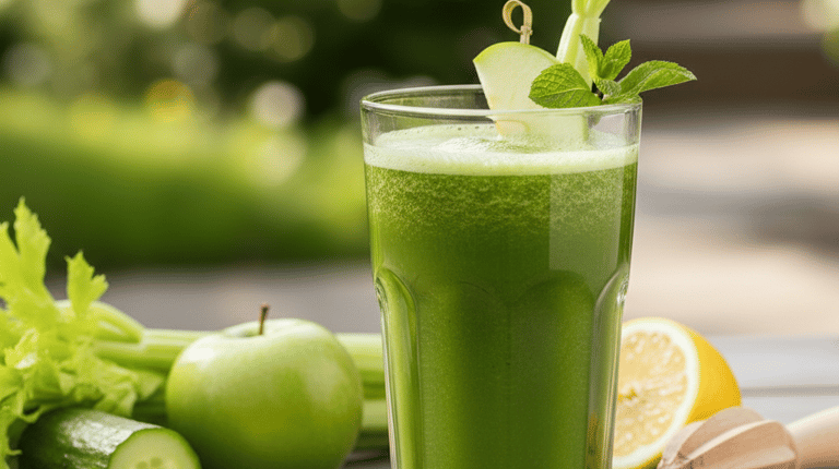 us vert frais (céleri, pomme, concombre, citron) servi sur une table en bois naturel.