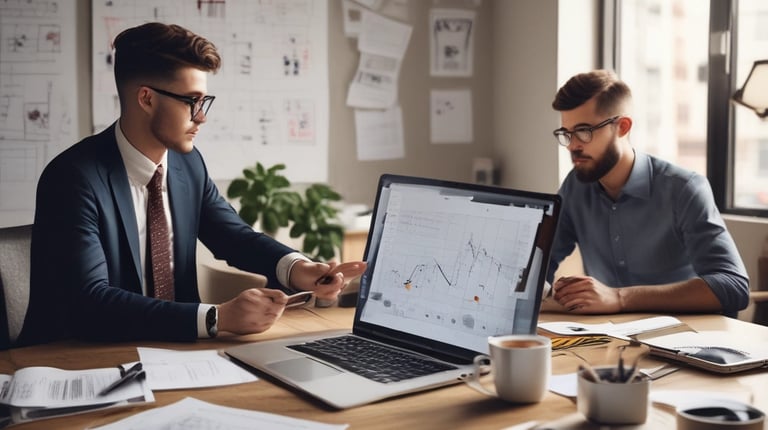 Professionnels analysant des données stratégiques sur un ordinateur dans un bureau.