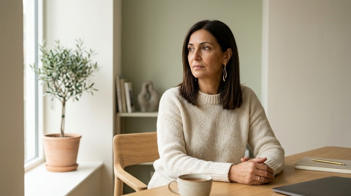 Thoughtful mature woman in a white sweater sitting at a desk with coffee and an olive tree.