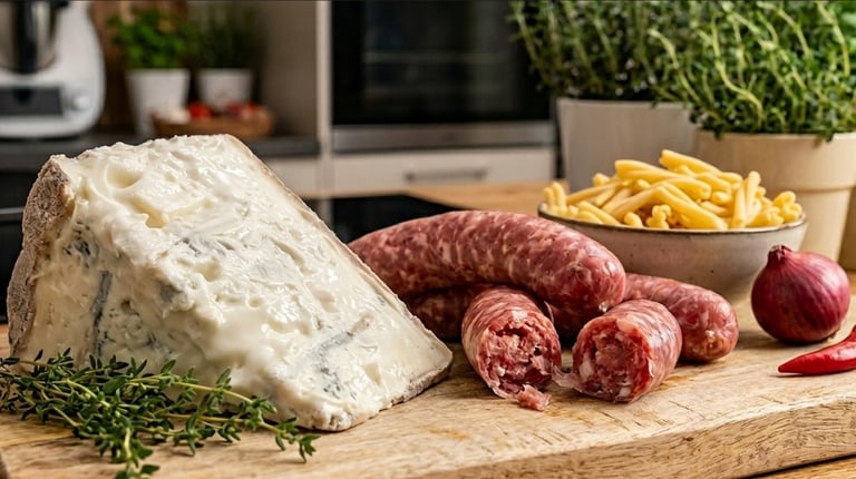 Gorgonzola cheese wedge, raw Italian salsiccia sausages, and pasta on a wooden board.