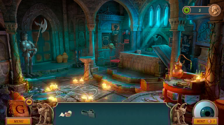Gwen Black: Cemetery Gate gameplay screenshot of a gothic crypt room with hidden-object UI