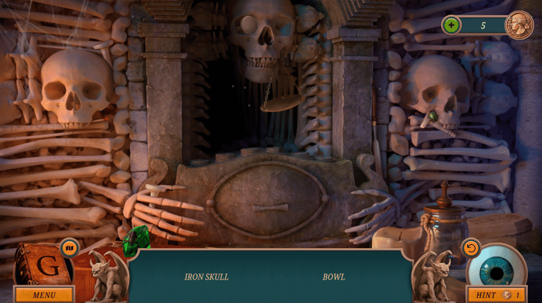 Gwen Black: Cemetery Gate screenshot of a skull wall mechanism puzzle with inventory bar