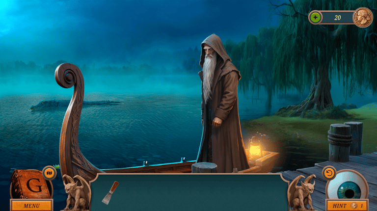 Gwen Black: Cemetery Gate scene with a mysterious ferryman by the foggy river at night