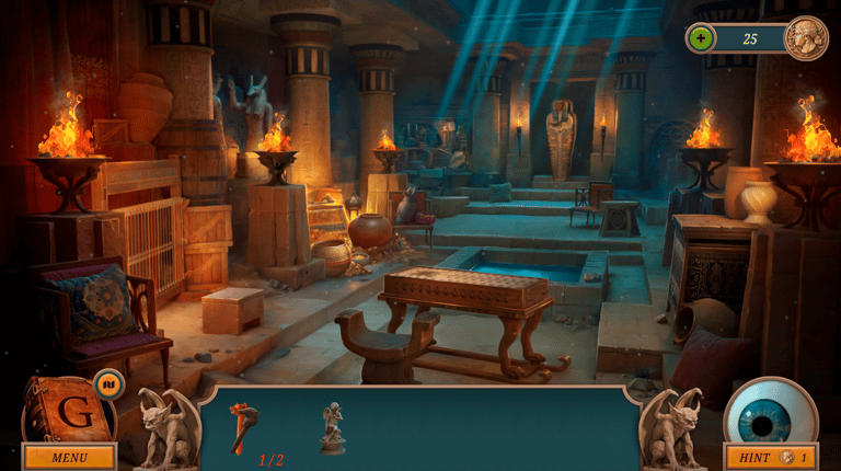 Gwen Black: Cemetery Gate hidden-object scene inside an ancient temple with torchlight