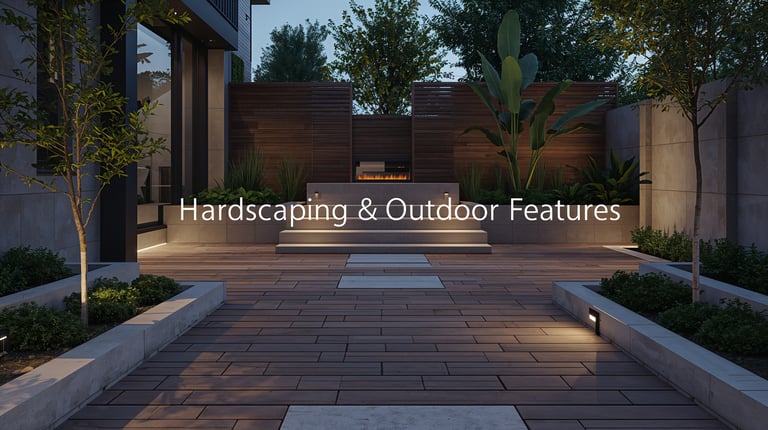 Brick patio with text Hardscaping & Outdoor Features