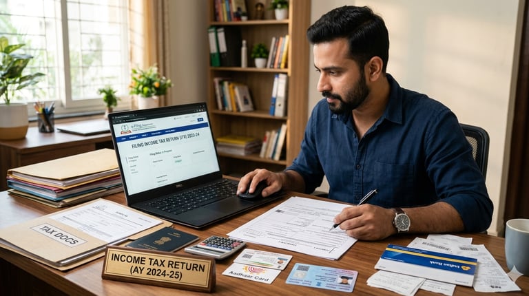 A man files his Indian income tax return online using a laptop and official documents at a desk.
