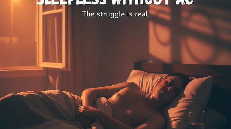 A person struggling to sleep in a hot bedroom during summer, emphasizing the need for air conditioning.