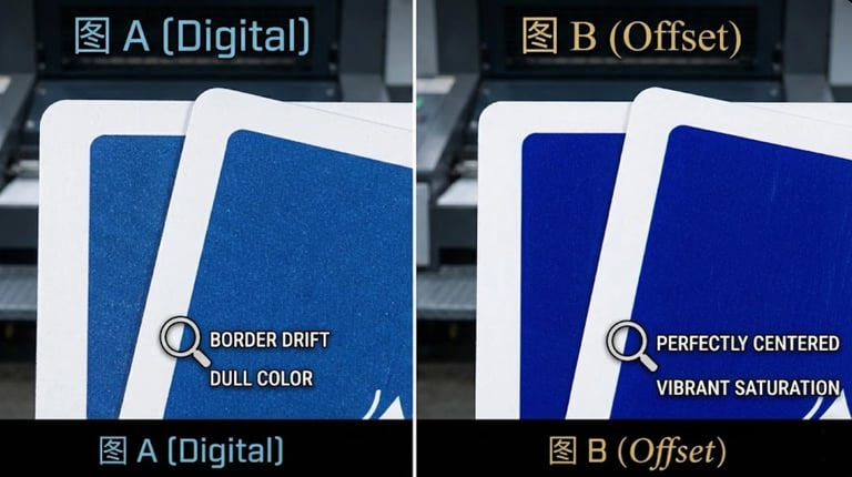 Offset printing vs digital printing border alignment comparison.