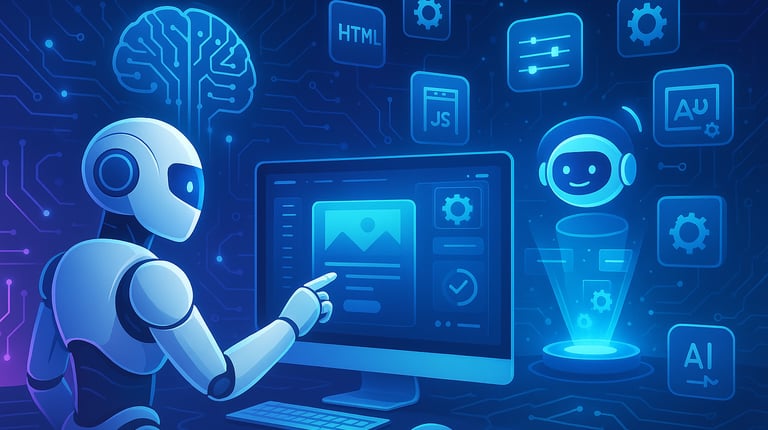"AI-powered robot using digital interface for marketing automation, web development, SEO, and chatbo
