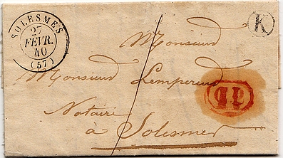 Letter mailed in the village of BERMERAIN (letter-stamp K) for SOLESMES.