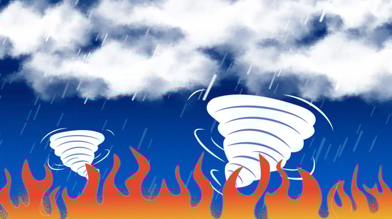 two tornados over a fire while it's raining