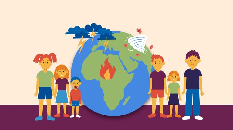 a group of children standing around a globe with rain, tornado and fire on top