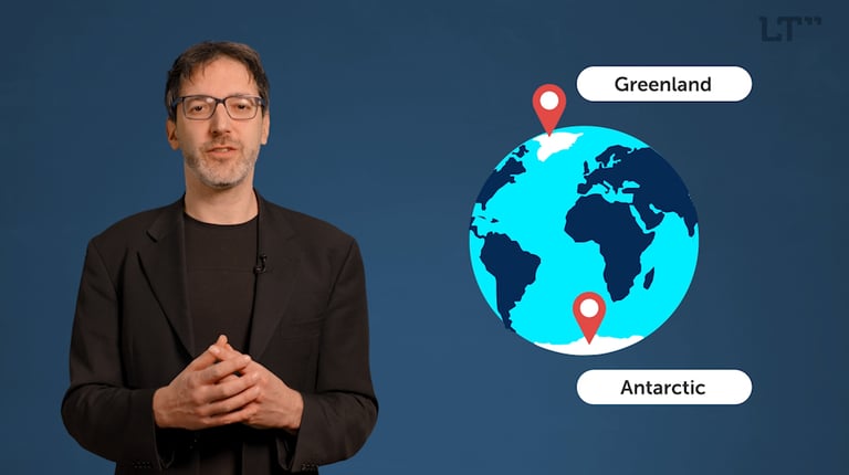 a man in a black suit and glasses with a world globe and the words "Greenland" and "Antarctic"