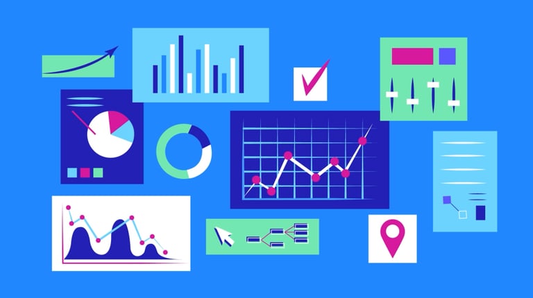 symbols for economy, statistics, science, graphs