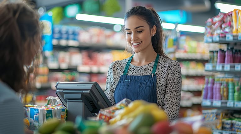 a woman is standing in front of a store