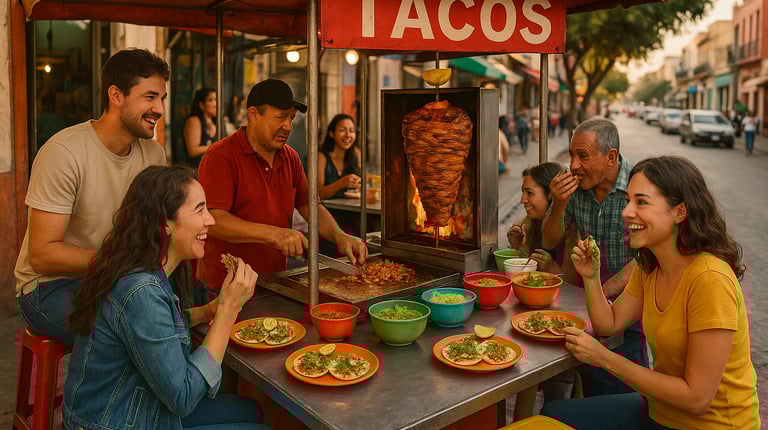 authentic Mexican street food stand serving tacos al pastor, with grilled meat on a vertical spit, fresh toppings, colorful p