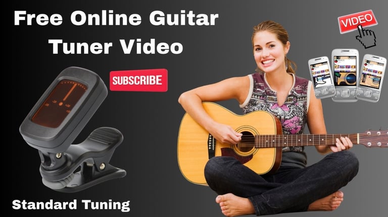A woman playing acoustic guitar next to digital tuner for a free online guitar tuner video tutorial.