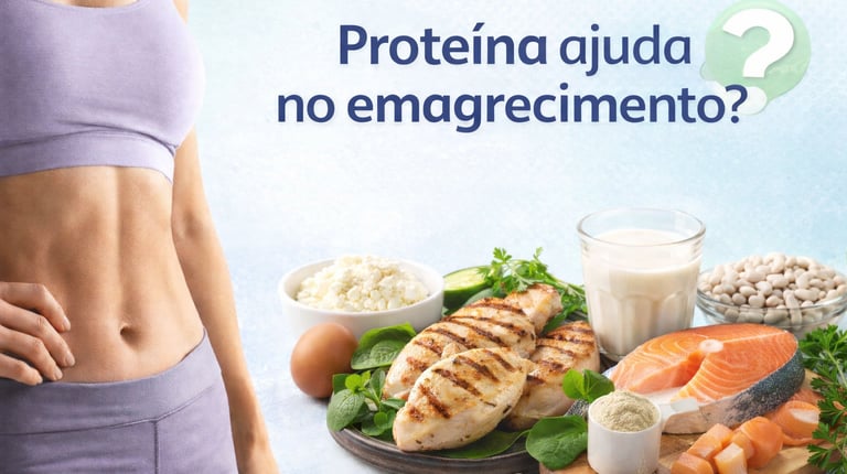 Imagem de capa com alimentos ricos em proteína e a pergunta “Proteína ajuda no emagrecimento?”, repr
