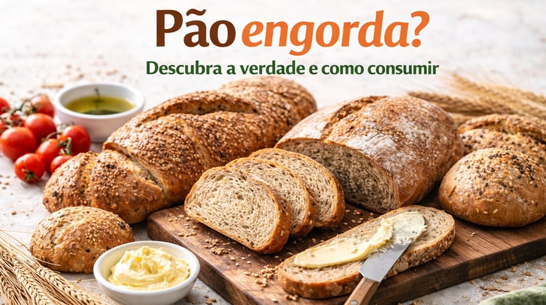 Variedade de pães integrais e artesanais sobre tábua com manteiga, com o título “Pão engorda? Descub