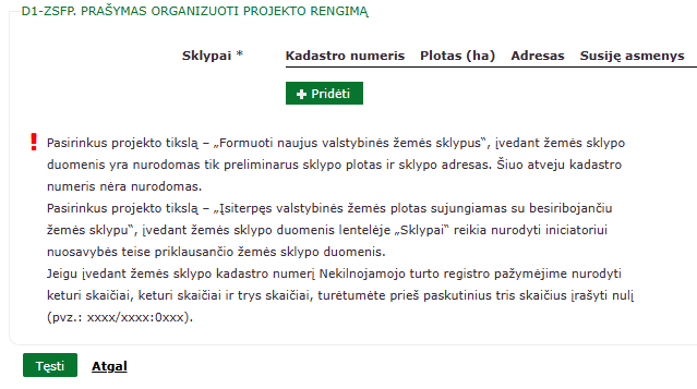 Pridėti formuojamo ar pertvarkomo žemės sklypo duomenis