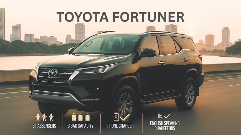 Toyota Fortuner SUV for private chauffeur service in Thailand, seating 3 passengers with 3 bags, pho