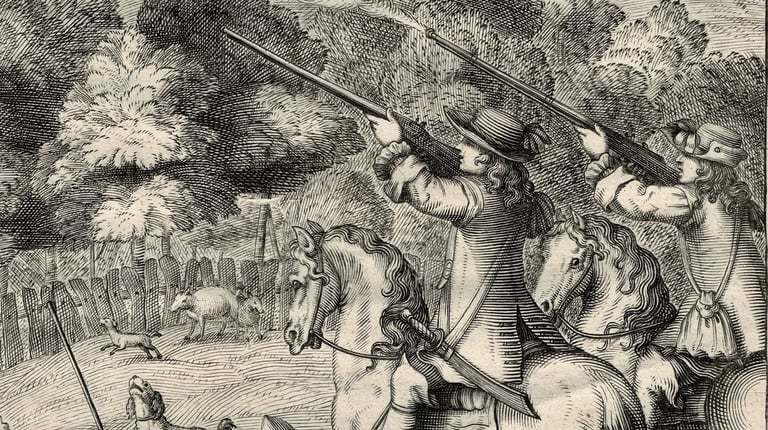 Vintage etching of hunters on horseback firing muskets near a forest with sheep and dogs.