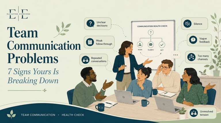 An infographic illustrating team communication problems and signs of a breakdown during a business meeting.