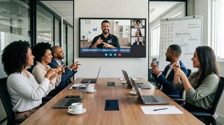 sala de reuniões pessoas sentadas em volta da mesa aula de libras online professor na TV