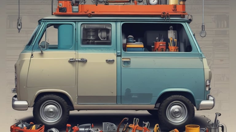 A person in an orange shirt is crouched down, working on the wheel of a yellow jeepney parked by the side of the road. The jeepney's hood is open, and various tools and containers are scattered around. It's situated near a light-colored building and some vegetation.