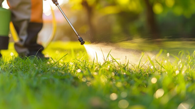 Professional lawn care worker spraying liquid fertilizer or pesticide onto a green backyard grass.