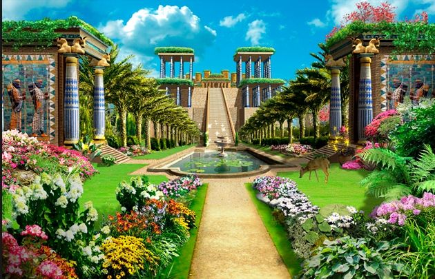 imagem do interior do jardim da babilônia suas escadarias torres fontes e muito paisagismo.