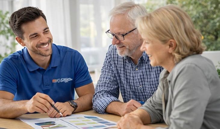 A friendly consultant in a blue shirt discusses retirement planning documents with a senior couple.