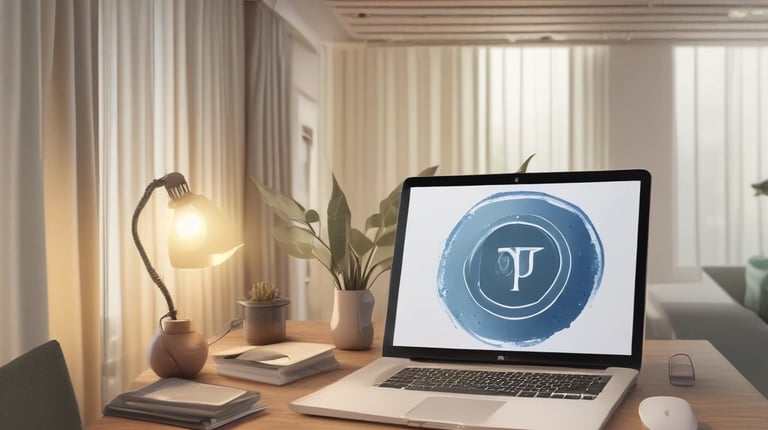 a laptop computer sitting on a table with a lamp