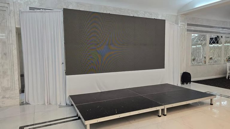Event AV hire featuring a 4m x 3m modular LED wall installation in a professional London conference 