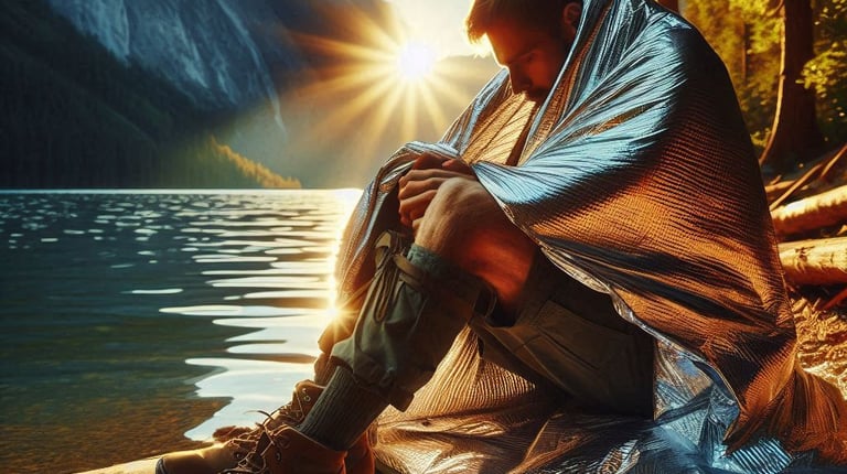 a man with a mylar emergency blanket around him by a lake