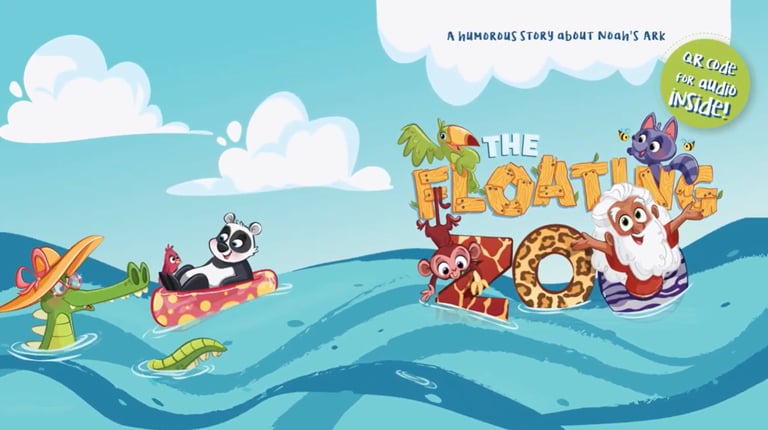 The Floating Zoo children's book cover featuring Noah and cartoon animals floating on ocean waves.