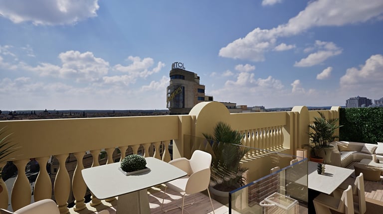 Render 3D de terraza con mesa cuadrada y skyline de Madrid al fondo