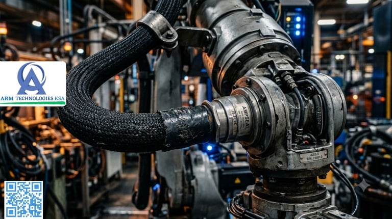 Technician inspecting teach pendant and cables of an industrial robot