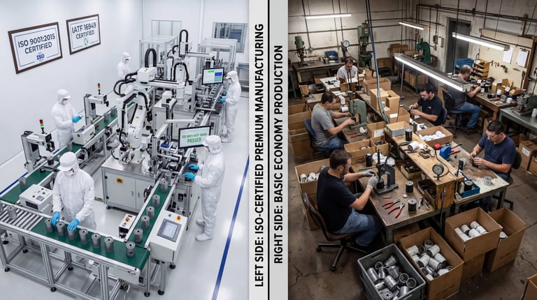ISO-certified filter factory vs economy production line showing quality control differences