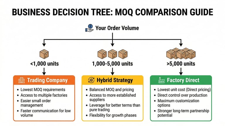 Decision tree showing when to choose factory direct vs trading company based on order volume