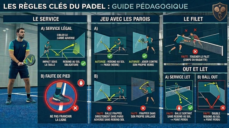 Infographie pédagogique Vestiaire Padel résumant les règles officielles du service, des rebonds sur 