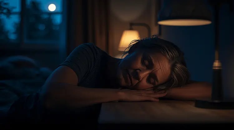 Gentle portrait of a caregiver closing her eyes in quiet respite during a long night of vigilance