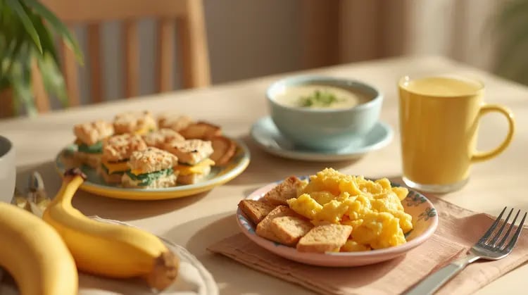 Assortment of easy dementia-friendly recipes on a table: sandwiches, creamy soup, soft eggs, and smoothie for nourishment