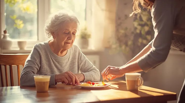 Elderly person with dementia seated at a table, enjoying a small colorful meal with assistance from a caregiver