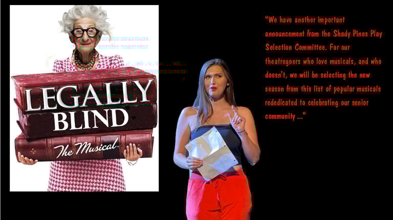 A poster for Legally Blind (satire) featuring an elderly woman and a theater performer on stage.