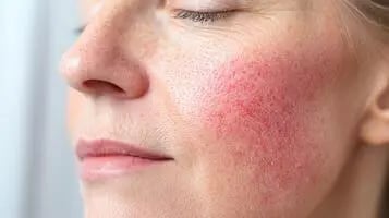 a woman with a red spot on her cheek