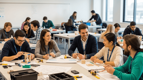Giovani imprenditori in una aula per esercitazioni pratiche