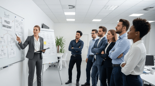 Tutor aziendale che spiega a degli impiegati in piedi davanti a lei,il flusso aziendale
