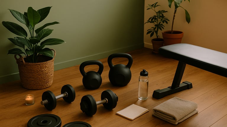 Gemütlicher Home‑Gym‑Bereich mit Hantelbank, Kettlebells und warmen Holztönen.