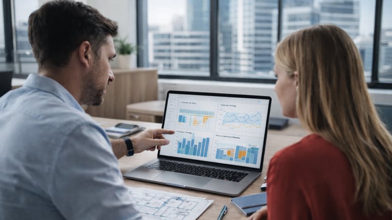 Property manager and analyst reviewing rental pricing and occupancy performance dashboards on a lapt